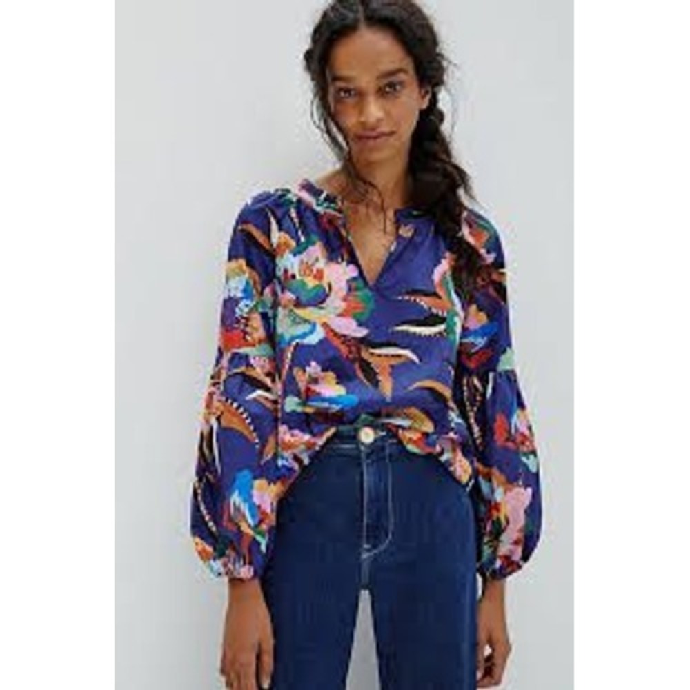 FARM Rio Multicolor Floral V-Neck Balloon Sleeve Blouse - Blue Base